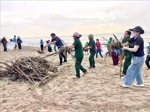 Khối lượng rác khá lớn nên phường Sầm Sơn ưu tiên dọn tại khu vực bãi tắm chính trước. Ảnh: TTXVN phát