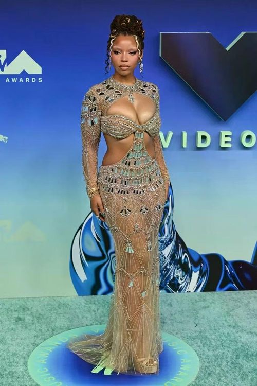  Chloe Bailey diện váy đuôi cá xuyên thấu. Phần thân trên có thiết kế cắt khoét mạnh bạo. Ảnh: Getty Images. 