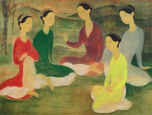 Tác phẩm Conversation d'élégantes au jardin của Vũ Cao Đàm, kích thước 85,6 x 114,5 cm. Ảnh: Sotheby's.