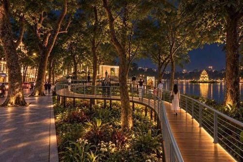 Phối cảnh cầu cạn “Dải lụa ký ức” tại khu vực vườn hoa và đường dạo ven bờ hồ Gươm.