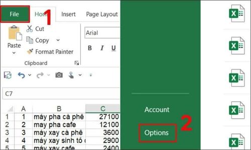 Mở thẻ File trên thanh công cụ, sau đó chọn Options để truy cập phần cài đặt Excel.