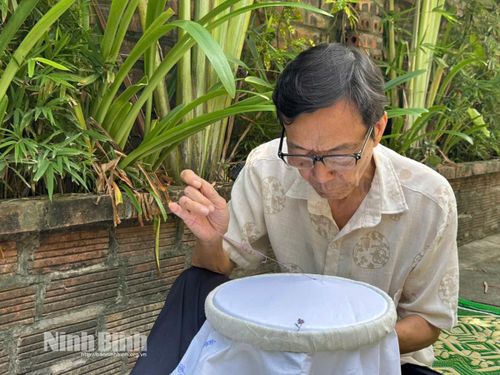 Dù tuổi đã cao, nghệ nhân Vũ Thanh Luân vẫn có thể thực hiện các kỹ thuật thêu một cách thành thạo.