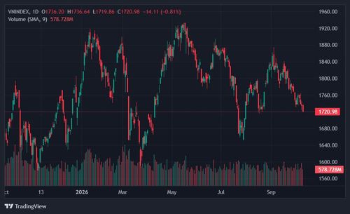 VN-Index chạm mức thấp nhất 2,5 tháng qua. Ảnh: TradingView. 