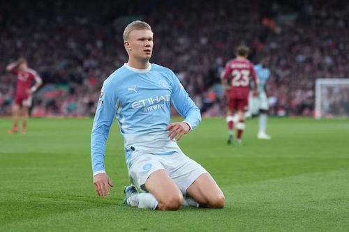 Tiền đạo Erling Haaland mừng bàn mở tỷ số trong trận Man City thắng Liverpool 3-0 tại vòng 6 Ngoại hạng Anh đêm 11/10 (giờ Hà Nội). Ảnh: AP.