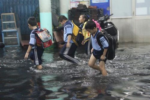 Trẻ con Sài Gòn vô tư bơi trên đường ngập lụt