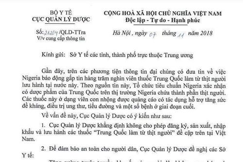Bộ Y tế thông tin chính thức về 'thuốc từ thịt người' xuất xứ Trung Quốc
