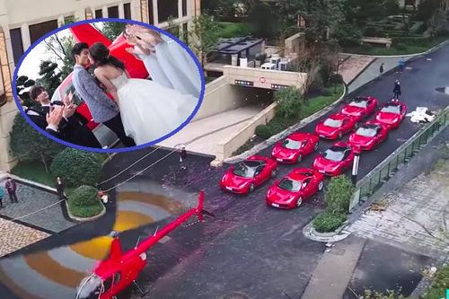 Dùng trực thăng và 8 chiếc Ferrari đỏ chói đi rước dâu, chú rể Trung Quốc khiến dân tình 'lác mắt'