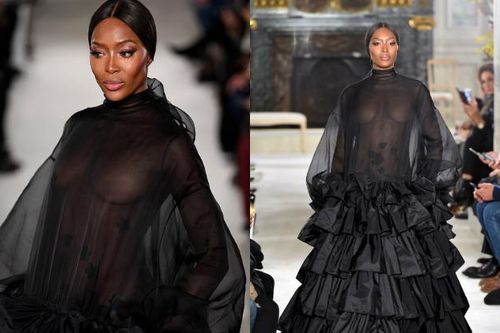 'Báo đen' Naomi Campbell diện váy xuyên thấu không nội y nổi bật tại show Valentino