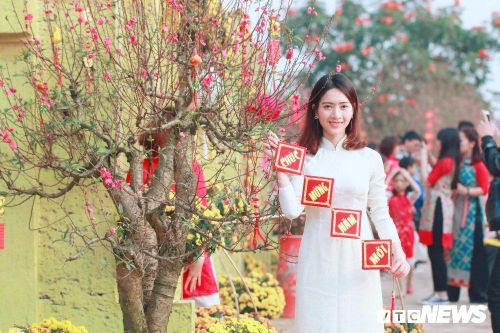 Thiếu nữ Hà Thành xúng xính áo dài khoe sắc bên hoa đào dịp Tết Kỷ Hợi 2019