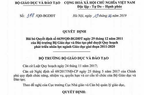 Bãi bỏ quyết định phê duyệt Quy hoạch phát triển nhân lực ngành Giáo dục giai đoạn 2011-2020