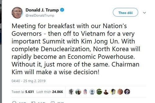 Tổng thống Trump thông báo ăn sáng cùng các thống đốc rồi khởi hành sang Việt Nam
