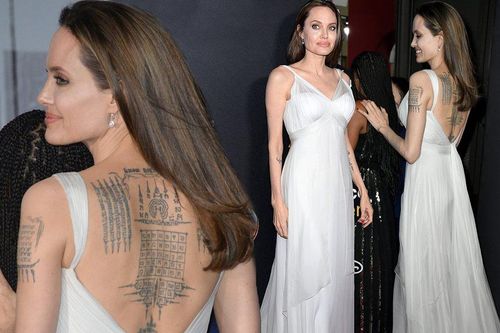Angelina Jolie diện đầm khoét lộ hình xăm kín lưng cùng các con đi sự kiện