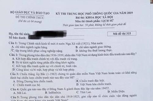 Đáp án chính thức môn Lịch sử kỳ thi THPT quốc gia 2019 của Bộ GD&ĐT