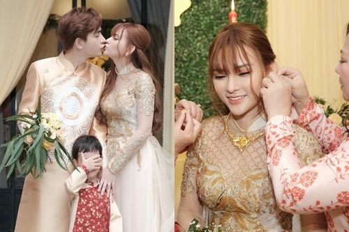 Con trai Thu Thủy che mắt khi mẹ hôn bạn trai kém 10 tuổi trong lễ vu quy