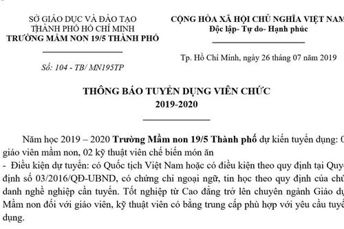 Trường Mầm non 19/5 Thành phố thông báo tuyển dụng viên chức 2019-2020