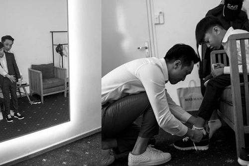 Cường Đô La thắt dây giày cho Subeo trước đám cưới với Đàm Thu Trang