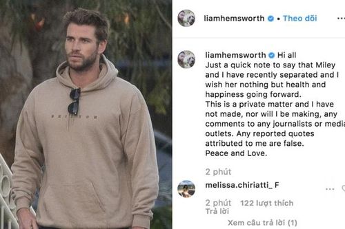 Liam Hemsworth lần đầu lên tiếng hậu ly hôn Miley Cyrus