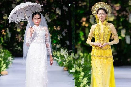 Mai Giang, Tiêu Ngọc Linh trình diễn áo dài cưới cùng Hoa hậu Myanmar