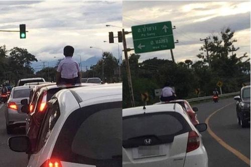 Kiểu chiều 'giết con', cho ngồi trên nóc ô tô đang chạy