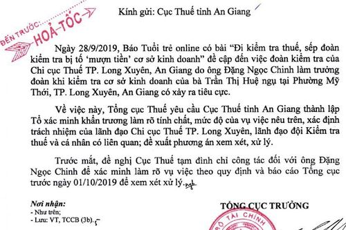 Tạm đình chỉ công tác đối với một trưởng đoàn kiểm tra thuế tại Tp.Long Xuyên
