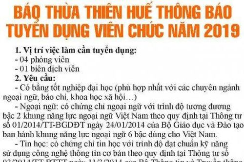 Chính trị - Xã hội Theo dòng thời sự Báo Thừa Thiên Huế thông báo tuyển dụng viên chức năm 2019