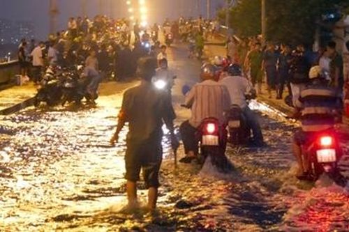 Triều cường làm vỡ bờ kè, TPHCM nhiều nơi ngập sâu trong nước