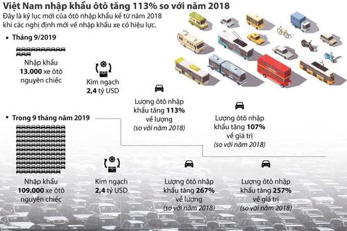 Việt Nam nhập khẩu ôtô tăng 113% so với năm 2018