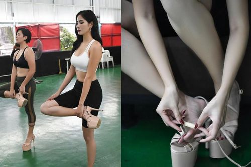 Hoàng Hạnh tập catwalk phồng rộp chân trên giày 25 cm tại lò đào tạo 'nữ hoàng' của Philippines