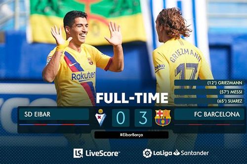 Eibar 0-3 Barcelona: Bộ ba nguyên tử Griezmann, Suarez và Messi thể hiện sức mạnh