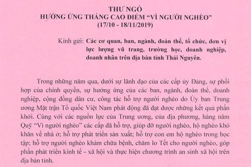 Thông báo Ủng hộ Quỹ 'Vì người nghèo' hưởng ứng Tháng cao điểm vì người nghèo năm 2019
