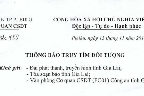 Cơ quan CSĐT Công an thành phố Pleiku thông báo truy tìm đối tượng