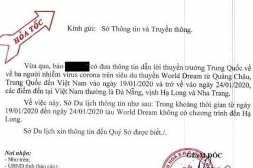 Bác bỏ thông tin du thuyền chở người nhiễm nCoV đến vịnh Hạ Long