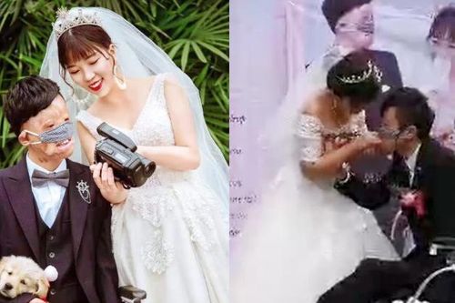 Chú rể dùng miệng trao nhẫn cưới cho cô dâu, hai họ bật khóc