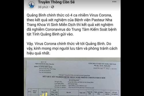 Quảng Bình: Đề nghị xử lý fanpage Truyền thông Cồn Sẻ vu khống 4 người nhiễm nCoV