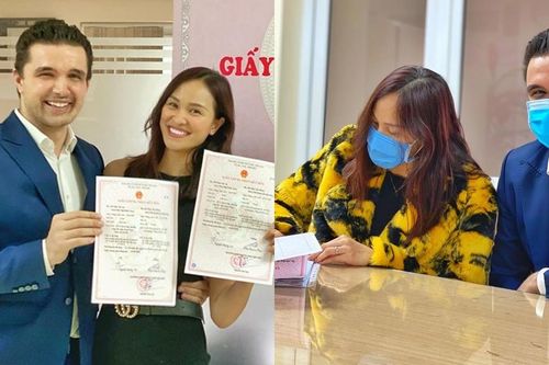 MC Phương Mai và chồng tây đeo khẩu trang đi đăng ký kết hôn