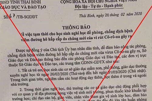 Công văn cho học sinh Thái Bình nghỉ học hết tháng 3 là giả mạo