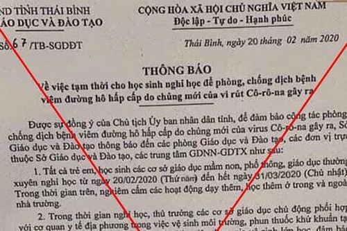 Công văn cho học sinh Thái Bình nghỉ học đến hết ngày 31/3 là giả mạo