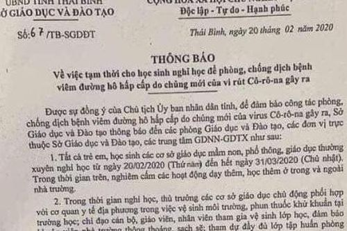 Xuất hiện thông báo 'giả' cho học sinh tỉnh Thái Bình nghỉ học hết tháng 3 vì dịch bệnh COVID-19
