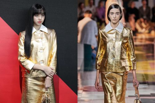 Lisa diện đồ vàng rực ở lần đầu tham dự show diễn Prada