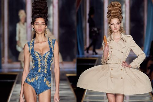 Người mẫu Moschino đội tóc cao vút, mặc váy lồng bàn lên sàn diễn