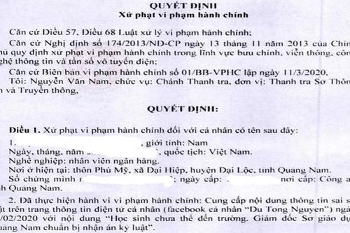 Phao tin Giám đốc Sở Giáo dục bị kỷ luật do Covid-19, nam nhân viên ngân hàng bị phạt 12,5 triệu
