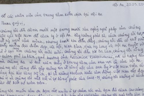 Rời khu cách ly, du khách Ba Lan gửi thư cảm ơn nhân viên y tế Quảng Nam