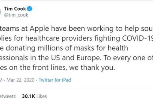 Apple hỗ trợ hàng triệu khẩu trang cho chuyên gia y tế Mỹ, châu Âu