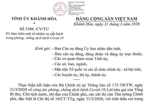 Tỉnh ủy Khánh Hòa yêu cầu thực hiện một số nhiệm vụ cấp bách trong phòng, chống dịch bệnh Covid-19
