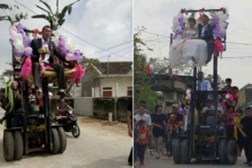 Màn rước dâu bằng xe nâng cao quá mái nhà khiến dân mạng 'thót tim'