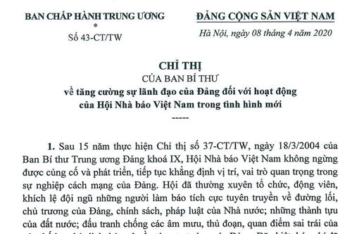 Chỉ thị số 43-CT/TW của Ban Bí thư về tăng cường sự lãnh đạo của Đảng đối với hoạt động của Hội Nhà báo Việt Nam trong tình hình mới