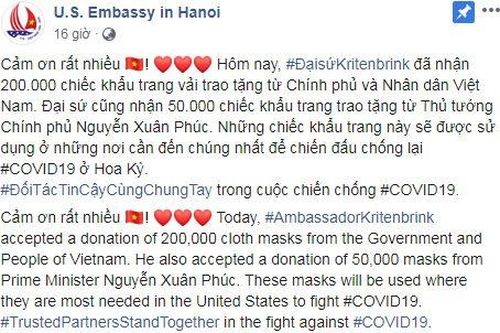 Đại sứ Mỹ cảm ơn Việt Nam gửi tặng khẩu trang vải kháng khuẩn nhằm chống dịch Covid-19