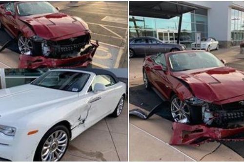 Tài xế Ford Mustang đạp nhầm chân ga tông móp xe Rolls Royce mới tinh