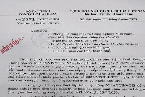 Tổng cục Hải quan hướng dẫn về đăng ký tờ khai xuất khẩu gạo nếp