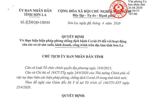 Quyết định số 834 của UBND tỉnh về việc thực hiện biện pháp phòng chống dịch bệnh COVID-19 đối với hoạt động của các cơ sở sản xuất, kinh doanh, công trình trên địa bàn tỉnh Sơn La